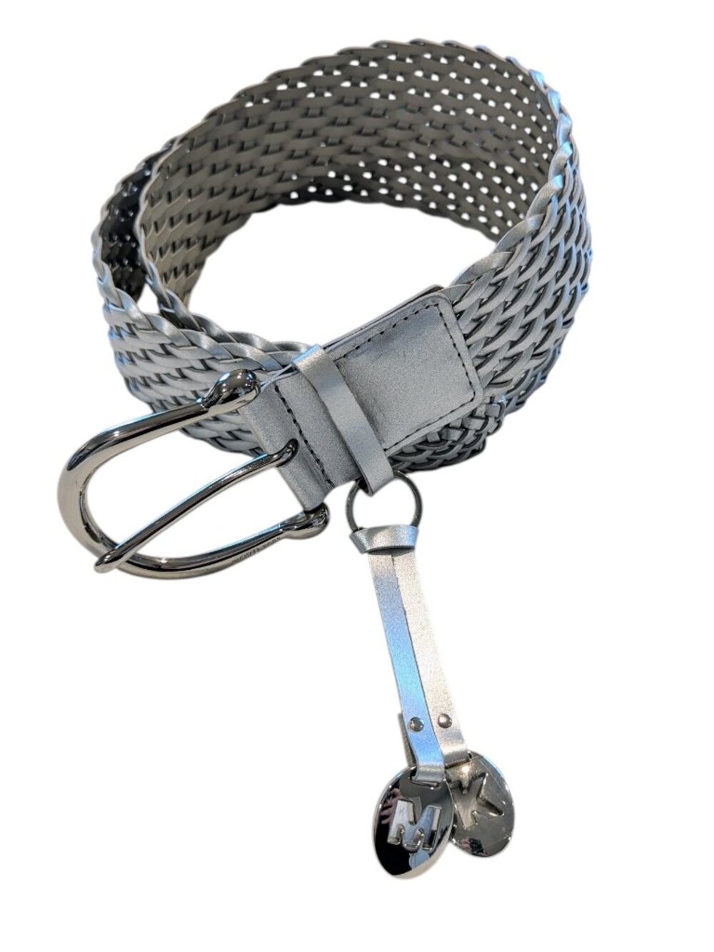 MICHAEL KORS Hanging Charm Woven Silver Belt XL 46.5" Long 2" Wide - MK Initials
